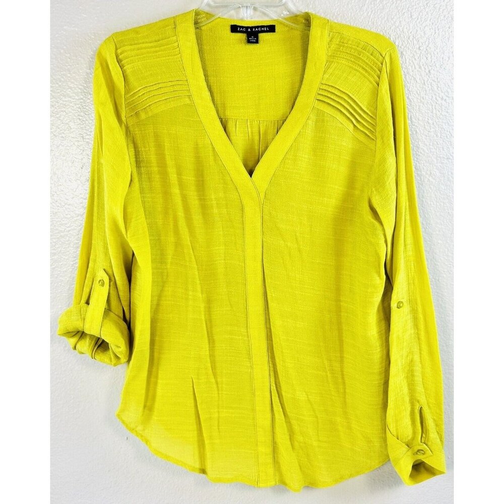 Zac & Rachel Tunic V Neck Lightweight Sheer Yellow 3/4 Roll Up Sleeves Blouse M